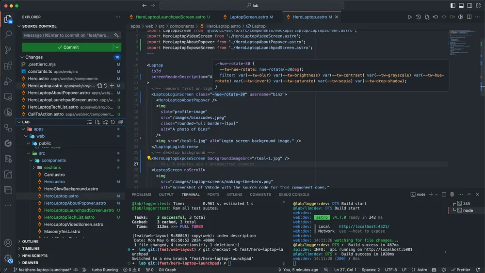 Screenshot of VSCode with the source code for this component open.